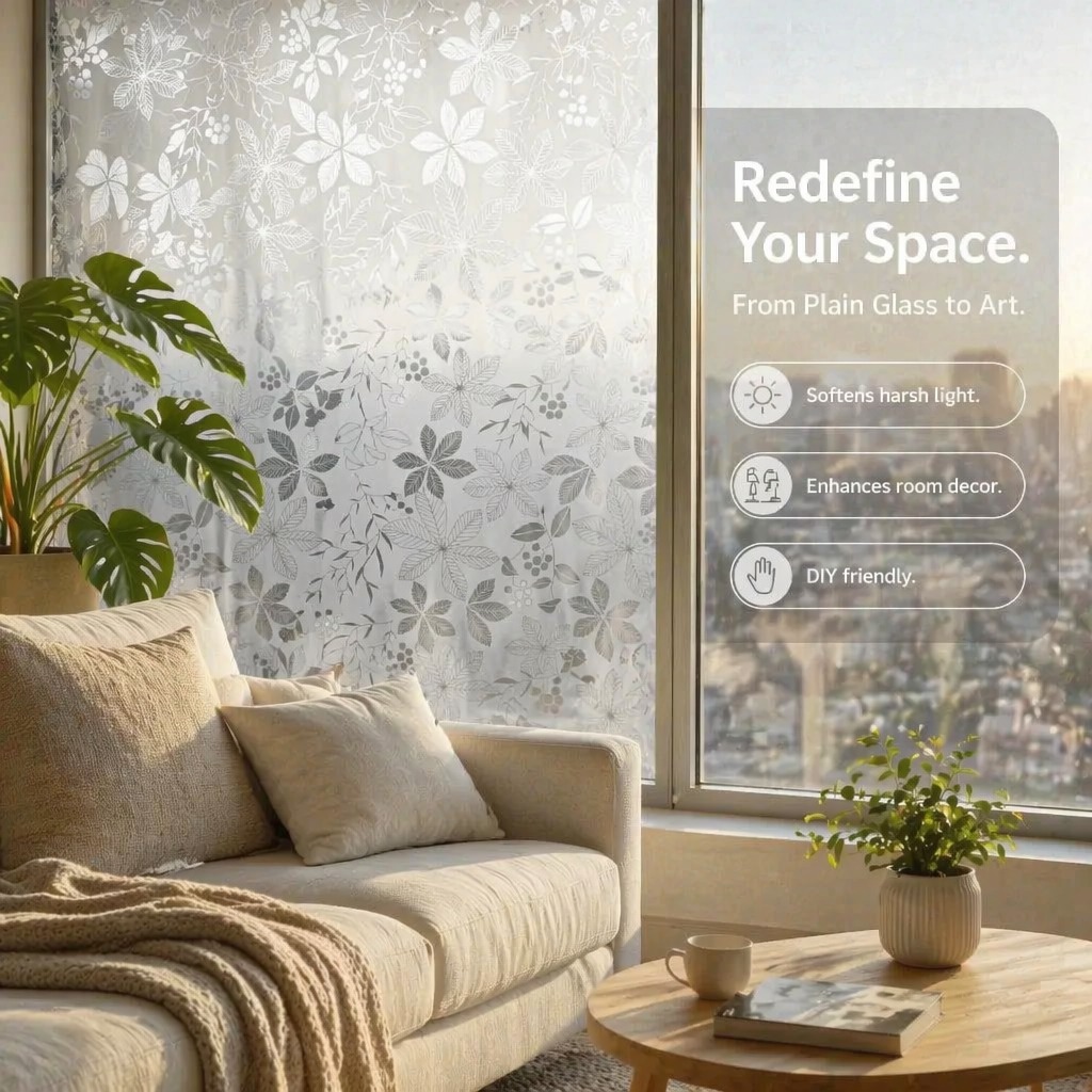 水彩紫の花柄自己粘着ウィンドウプライバシーフィルム、つや消し - Window Insulation Film のレビューと価格